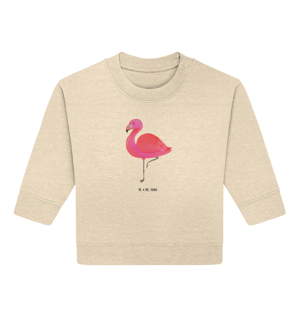 Organic Baby Pullover Flamingo classic Wunderschöner Baby Pullover /Sweatshirt von Mr. & Mrs. Panda <br /><br />Material: <br />- 85 % Baumwolle (Bio-Qualität, ringgesponnen, gekämmt)<br />- 15 % Polyester (recycelt)</li><li>Grammatur: 280 g/m²<br />- Schnitt: normale Passform</li><li>Eingesetzte Ärmel<br />- Knopfleiste mit 1 gleichfarbigen Druckknopf und 1 verdeckten Druckknopf an Schulter für einfacheres Anziehen, Flamingo, Einzigartig, Selbstliebe, Stolz, ich, für mich, Spruch, Freundin, Freundinnen, Außenseiter, Sohn, Tochter, Geschwister