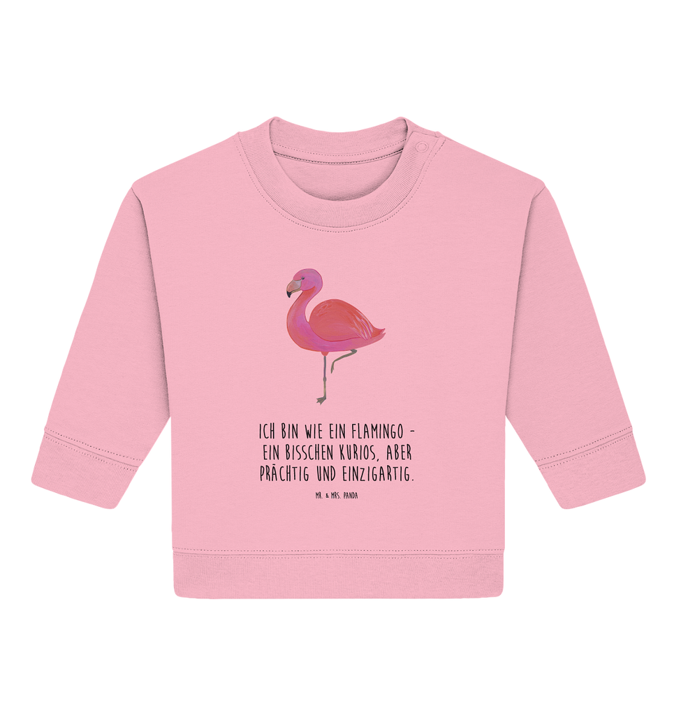 Organic Baby Pullover Flamingo classic Wunderschöner Baby Pullover /Sweatshirt von Mr. & Mrs. Panda <br /><br />Material: <br />- 85 % Baumwolle (Bio-Qualität, ringgesponnen, gekämmt)<br />- 15 % Polyester (recycelt)</li><li>Grammatur: 280 g/m²<br />- Schnitt: normale Passform</li><li>Eingesetzte Ärmel<br />- Knopfleiste mit 1 gleichfarbigen Druckknopf und 1 verdeckten Druckknopf an Schulter für einfacheres Anziehen, Flamingo, Einzigartig, Selbstliebe, Stolz, ich, für mich, Spruch, Freundin, Freundinnen, Außenseiter, Sohn, Tochter, Geschwister