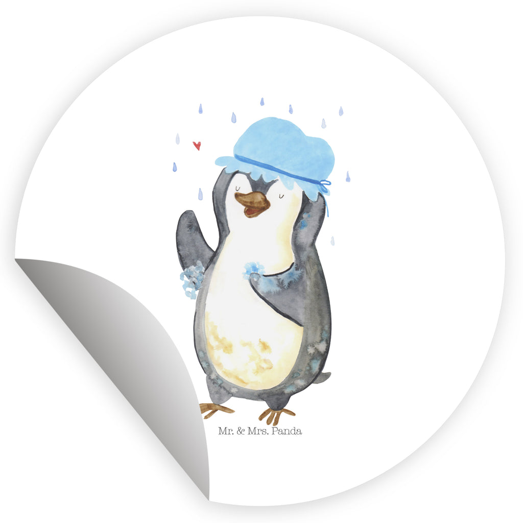 Rund Aufkleber Pinguin duscht Sticker, Aufkleber, Etikett, Pinguin, Pinguine, Dusche, duschen, Lebensmotto, Motivation, Neustart, Neuanfang, glücklich sein