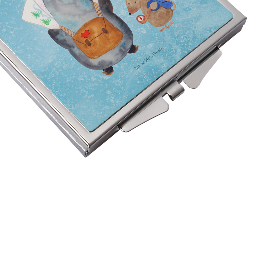 Handtaschenspiegel quadratisch Pinguin & Maus Wanderer Spiegel, Handtasche, Quadrat, silber, schminken, Schminkspiegel, Pinguin, Pinguine, Abenteurer, Abenteuer, Roadtrip, Ausflug, Wanderlust, wandern