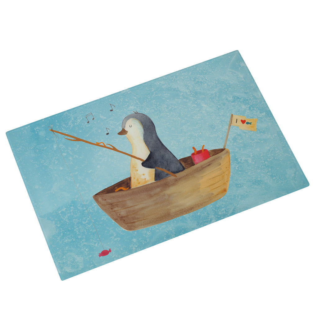 Glasschneidebrett Pinguin Angelboot Glasschneidebrett, Schneidebrett, Pinguin, Pinguine, Angeln, Boot, Angelboot, Lebenslust, Leben, genießen, Motivation, Neustart, Neuanfang, Trennung, Scheidung, Geschenkidee Liebeskummer
