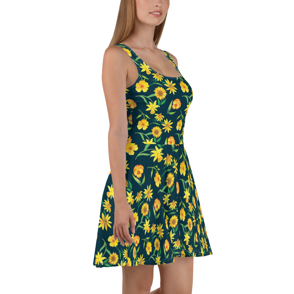 Sommerkleid Sonnengruß Design Sommerkleid, Kleid, Skaterkleid, Muster, Blumen, gelbe Blumen, Sonnenblume, Osterglocke