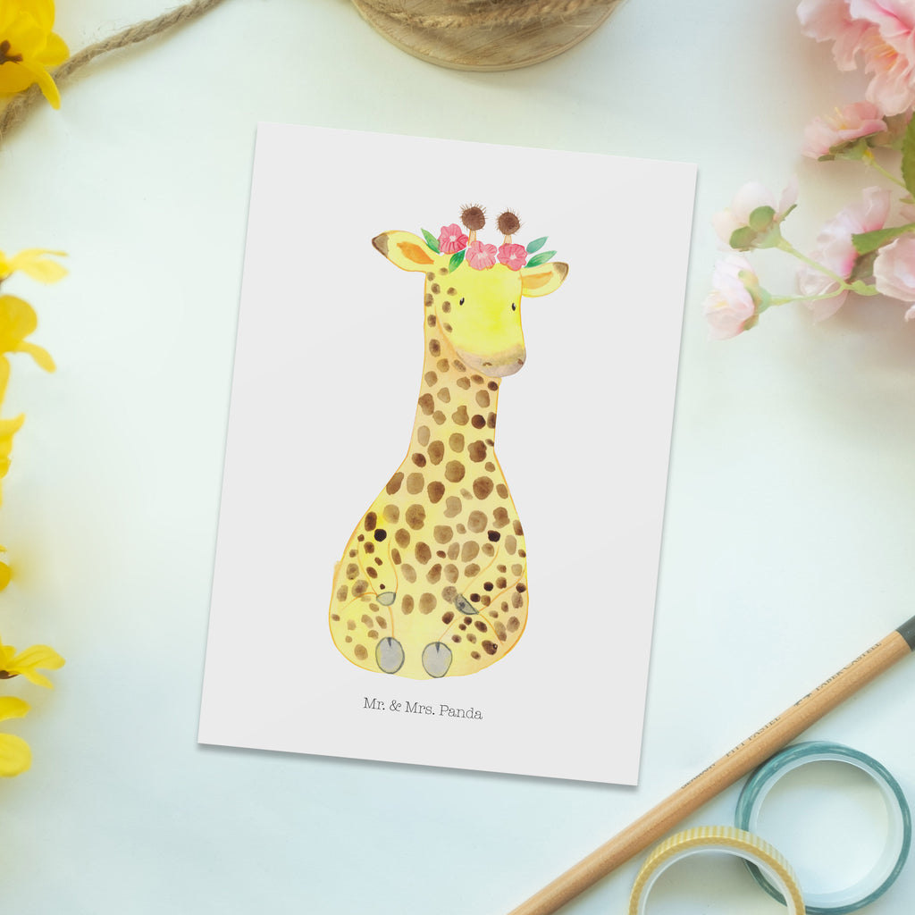 Postkarte Giraffe Blumenkranz Geschenkkarte, Grußkarte, Karte, Einladung, Ansichtskarte, Geburtstagskarte, Einladungskarte, Dankeskarte, Afrika, Wildtiere, Giraffe, Blumenkranz, Abenteurer, Selbstliebe, Freundin