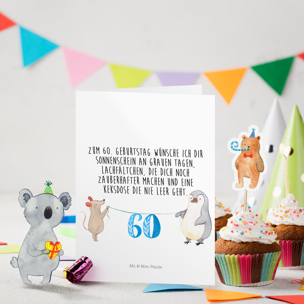 Geburtstagskarte 60. Geburtstag Maus Pinguin Grusskarte, Klappkarte, Einladungskarte, Glückwunschkarte, Hochzeitskarte, Geburtstagskarte, Geburtstag, Geburtstagsgeschenk, Geschenk, Party, Feiern, Torte, Kuchen