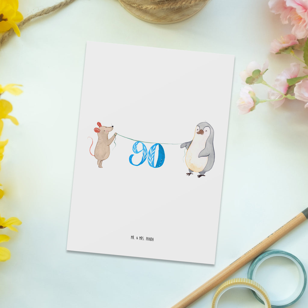 Postkarte 90. Geburtstag Maus Pinguin Postkarte, Karte, Geschenkkarte, Grußkarte, Einladung, Ansichtskarte, Geburtstagskarte, Einladungskarte, Dankeskarte, Geburtstag, Geburtstagsgeschenk, Geschenk, Party, Feiern, Torte, Kuchen