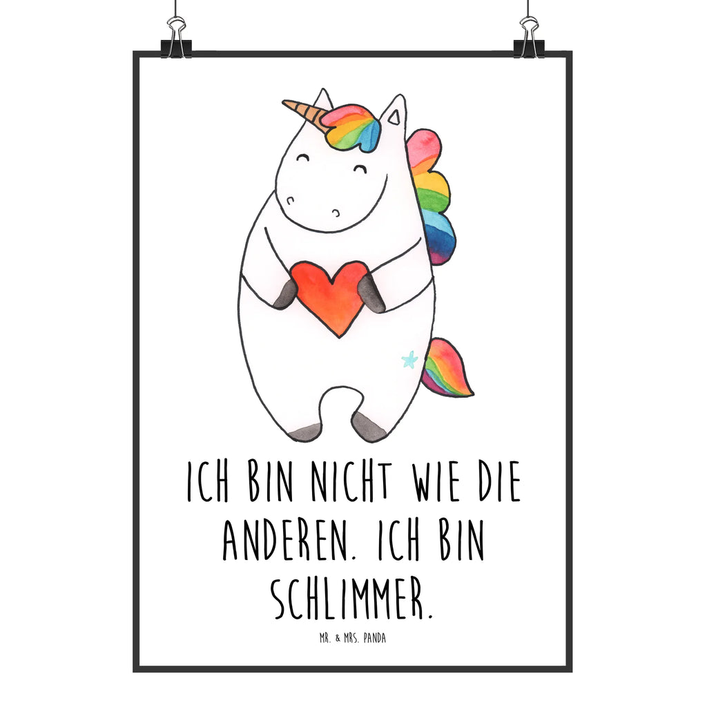 Poster unicorn Heart Poster, Wanddeko Bild, Küchenposter, Posterdruck, Raumdekoration, Mr. & Mrs. Panda Poster, Kinderposter, Wanddekoration, Wanddeko, Wandposter, Kunstdruck, Bild, Handgemaltes Poster, Designposter, Einhorn, Einhörner, Einhorn Deko, Unicorn, schlimm, witzig, böse, bunt, anders, Herz, lustig, Freundin