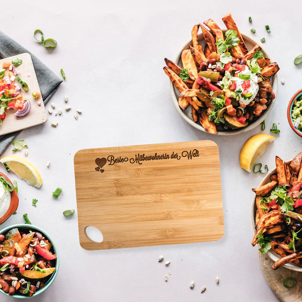 Bamboo chopping board Mitbewohnerin solid, board, robust, wood, nature, cutting board, carving board, kitchen board, dulcimer, cutting block, kitchen, engraving, bamboo, slices, breakfast, breakfast board, Heart Love In Love Thank You Birthday Best Best Thank You