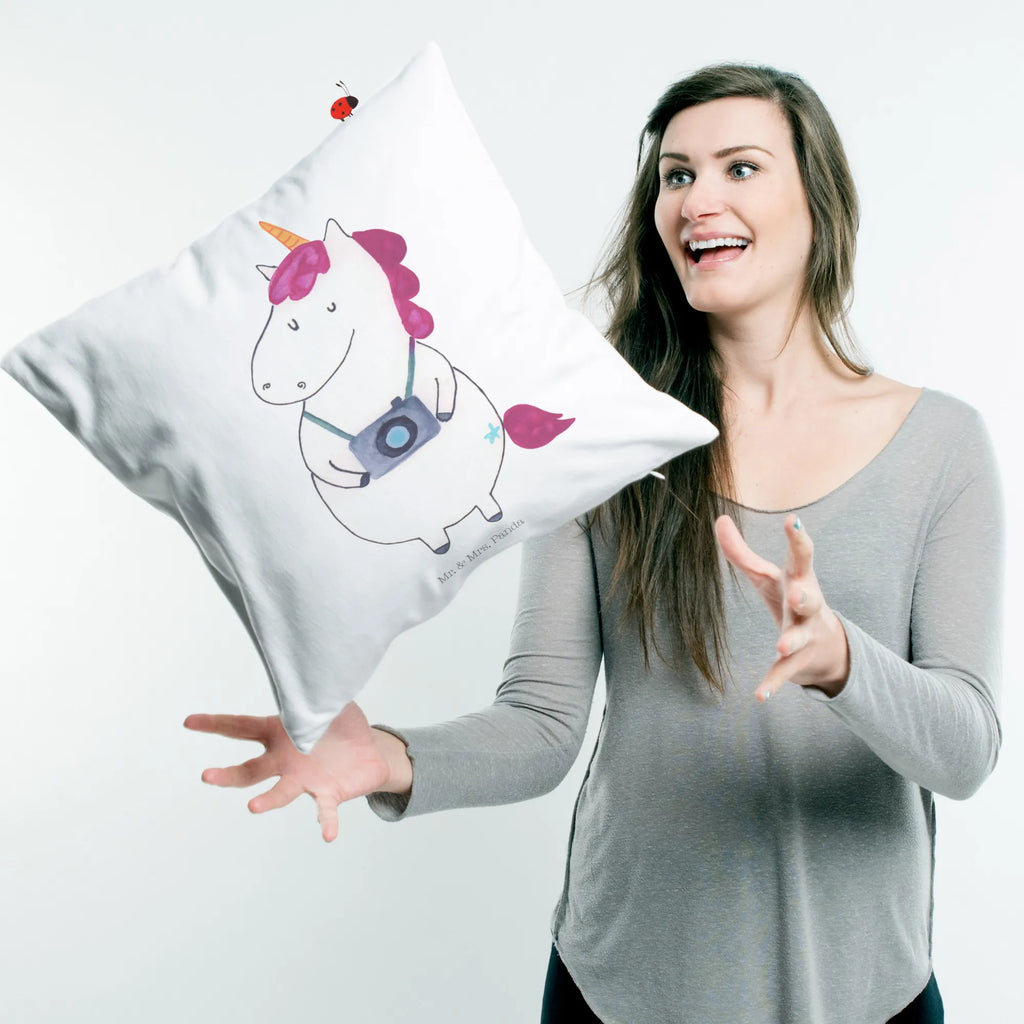 Cushion unicorn photographer 40 x 40, couch, Pillow, fluffy, pillows, bedroom, 40x40, bed, sofa, settee, soft, pad, cushion, pillow case, unicorn, unicorns, Photography, Traveler gift, Holiday, Camera, Unicorn, Photographer gift, Tourist, Traveling, Photographer