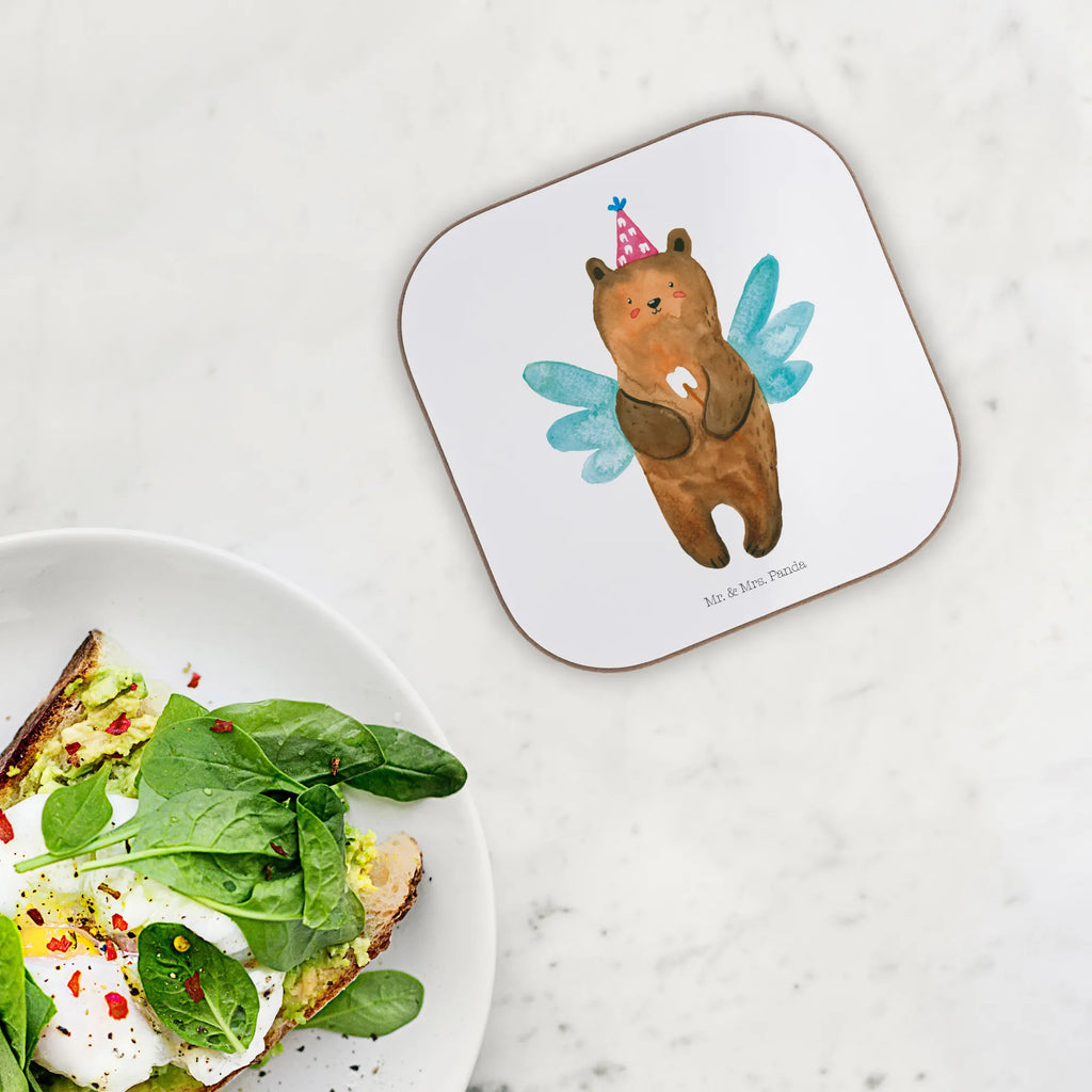 Square coaster bear tooth fairy breakfast, glass coasters, party, gifts, presents, Coasters, gift, bear, teddy, teddy bear, cuddly toy, first tooth, fairy, Tooth fairy, milk tooth