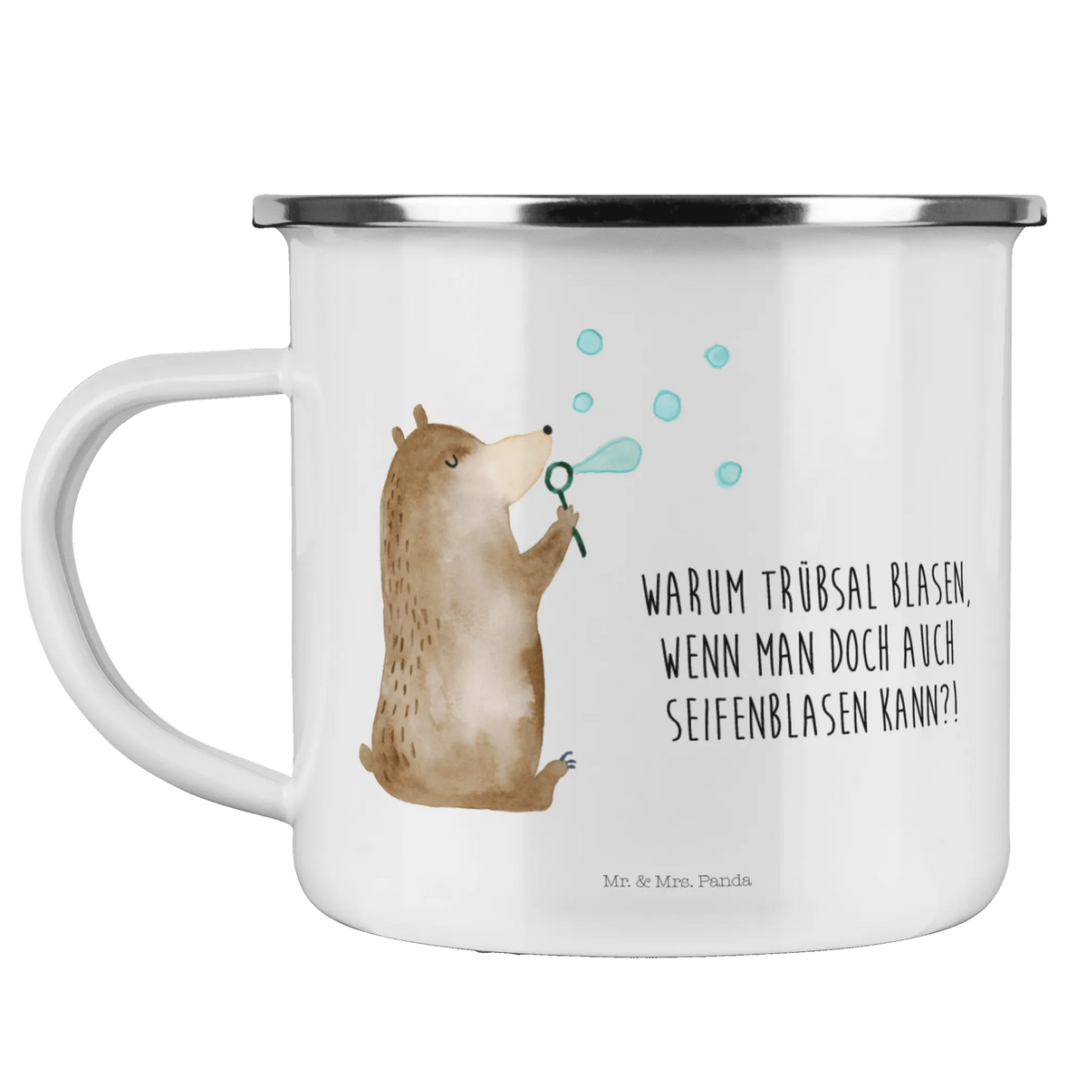 Enamel camping mug bear soap bubbles teddy bear, cuddly toy, Soap Bubbles Bear Funny Being Happy Sad Happy