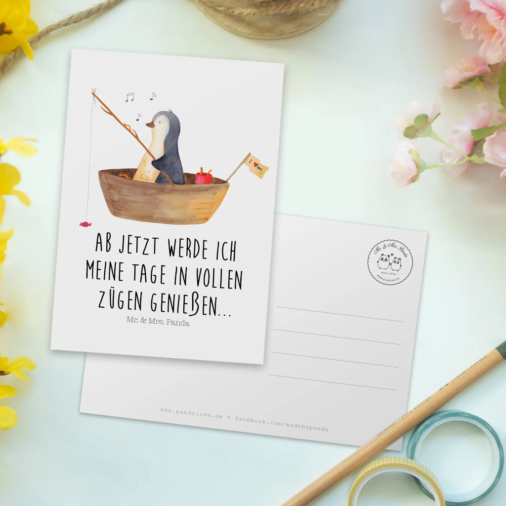 Postkarte Pinguin Angelboot Ansichtskarten, Fotokarte, Designkarte, spruchkarte, bildkarte, Kunstkarten, Grußkarte, Motivkarte, Postkarten, einzelkarte, Ansichtskarte, kunstkarte, Postkarte, Pinguin, Angelboot, Neustart, Lebenslust, Geschenkidee Liebeskummer, Motivation, Pinguine, Angeln, Genießen, Trennung, Scheidung, Neuanfang, Boot, Leben