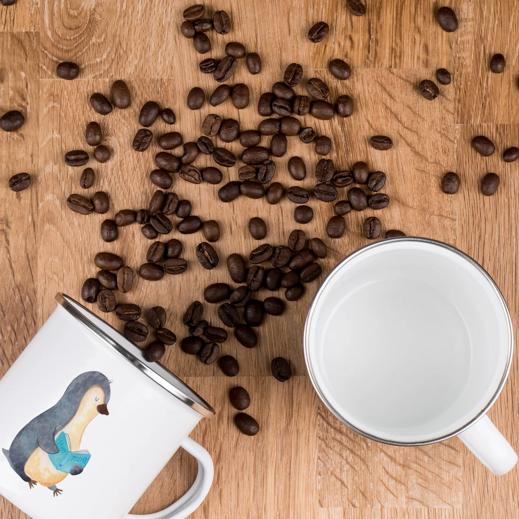 Kempingowy kubek emaliowany pingwin książka Tasse Emaille, Tasse, Emaille Becher, Metalltasse, becher emaille, blechbecher, Blechtasse, Emailletasse, Campingtasse, Trinkbecher, reisetasse, Reisebecher, metallbecher, Becher, Kaffeetasse, wanderbecher, Teebecher, emaillebecher, Campingbecher, wandertasse, Teetasse, Emaille Tasse, Kaffeebecher, Pott, Pinguin, Bücherwurm, Faulenzen, Ferien, Pinguine, Nichtstun, Freizeit, Buch, Urlaub, Lesen