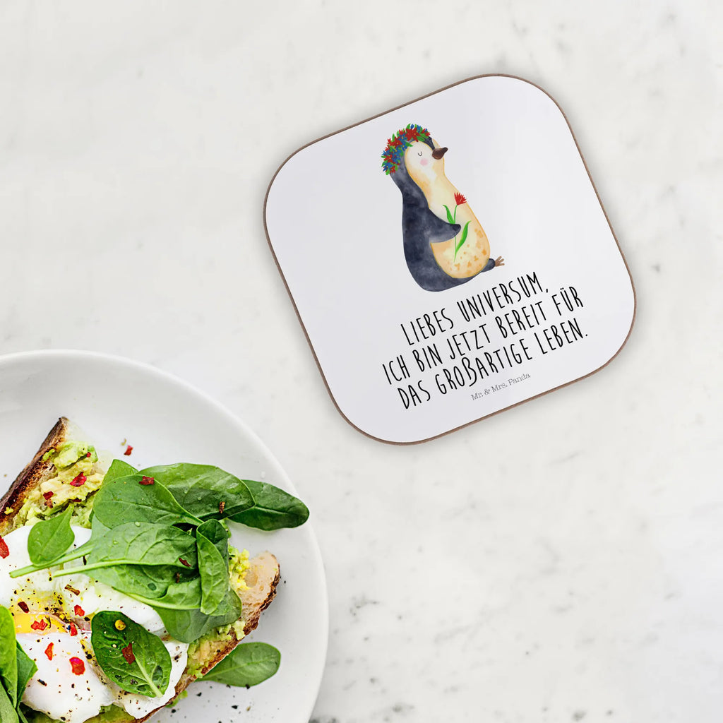 Quadratische Untersetzer Pinguin Blumenkranz Korkuntersetzer, Glasuntersetzer, Holzuntersetzer, Untersetzer aus Holz, Getränkeuntersetzer, Untersetzer, Untersetzer für Gläser, Untersetzer Design, Bierdeckel, Untersetzer Gläser, Untersetzer Holz, Tassen Untersetzer, Pinguin, Geschenkidee, Blumenkranz, Wünsche, Leben, Lebenslust, Lebensziele, Ziele, Pinguine, Universum, Motivation, Liebeskummer