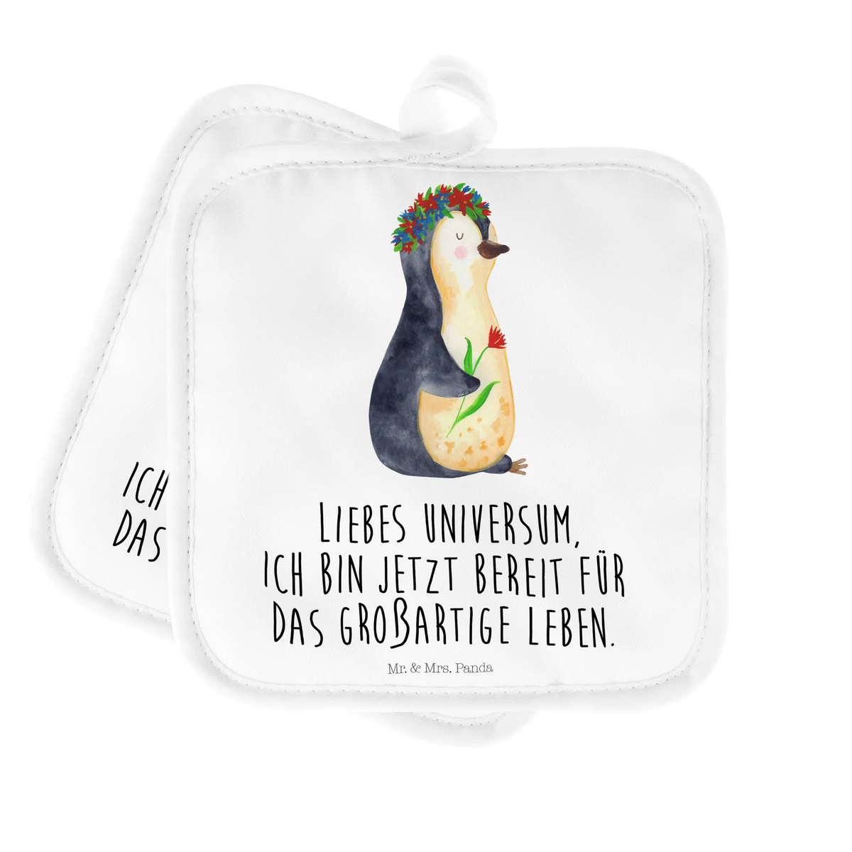2er Set Topflappen  Pinguin Blumen Topflappen, topfhalter, Zwei Topflappen, Topflappen 2er Set, Topflappen im Doppelpack, Topflappen Set, Topflappenset, Topfuntersetzer, 2er Set Topflappen, Doppel Topflappen, Ofenlappen, Kochlappen, Pinguin, Lebenslust, Liebeskummer, Pinguine, Lebensziele, Motivation, Wünsche, Blumenkranz, Universum, Leben, Geschenkidee, Ziele
