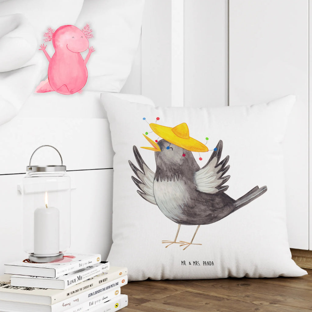 Cushion Crow sombrero Pillow, 40x40, pad, 40 x 40, pillow case, fluffy, settee, couch, pillows, cushion, sofa, bed, bedroom, soft, small animals, cute, funny, cute animal motives, hand drawn, small world, funny sayings, good mood, happy, gifts, gift ideas, special gifts, animal lover, card, Raven, Be happy, Motivation, Bird, Saying positive, Magpie, Happiness Saying, Birds