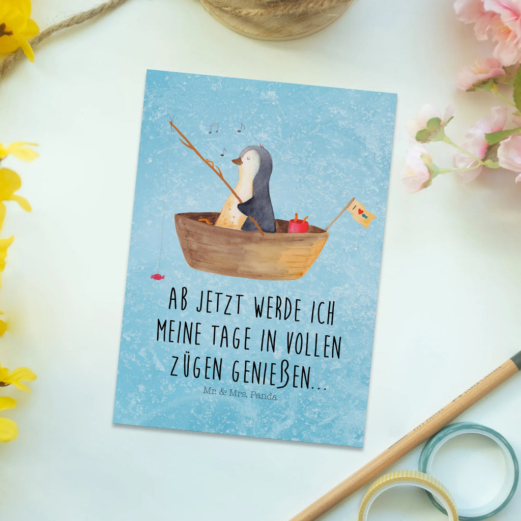 Postkarte Pinguin Angelboot Ansichtskarten, Fotokarte, Designkarte, spruchkarte, bildkarte, Kunstkarten, Grußkarte, Motivkarte, Postkarten, einzelkarte, Ansichtskarte, kunstkarte, Postkarte, Pinguin, Angelboot, Neustart, Lebenslust, Geschenkidee Liebeskummer, Motivation, Pinguine, Angeln, Genießen, Trennung, Scheidung, Neuanfang, Boot, Leben