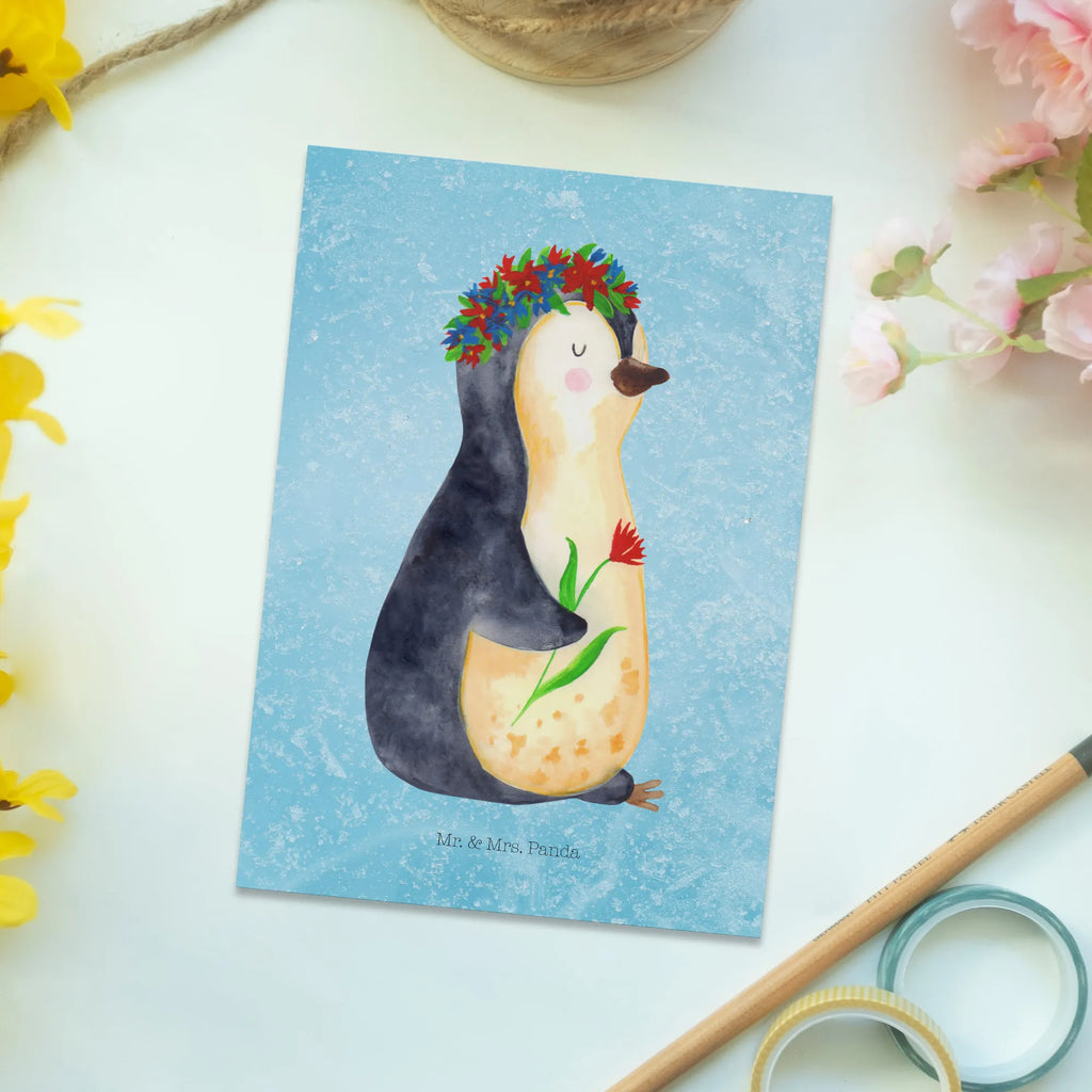 Postcard Penguin Flower North Pole, Penguins, goals in life, lovesickness, penguins, gift idea, wishes, wreath of flowers, love of life, universe, goals