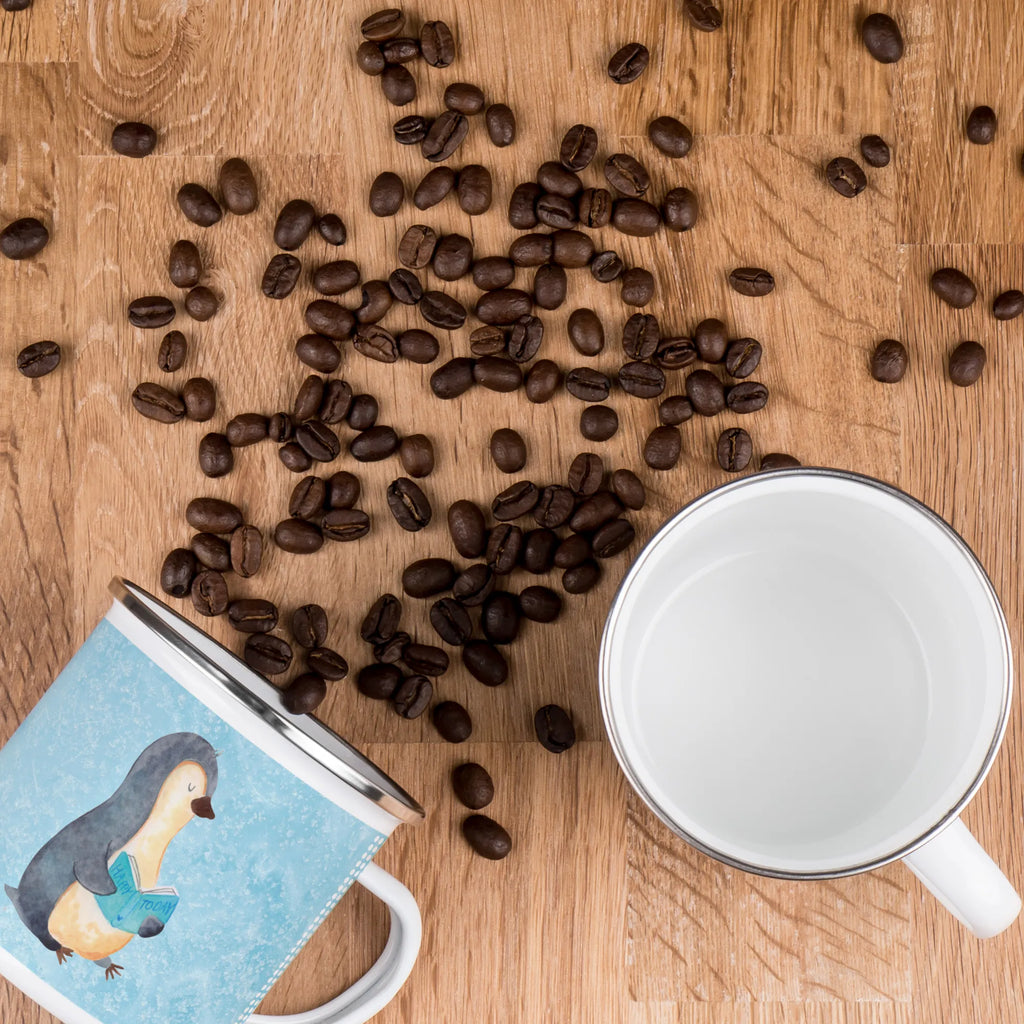 Kempingowy kubek emaliowany pingwin książka Tasse Emaille, Tasse, Emaille Becher, Metalltasse, becher emaille, blechbecher, Blechtasse, Emailletasse, Campingtasse, Trinkbecher, reisetasse, Reisebecher, metallbecher, Becher, Kaffeetasse, wanderbecher, Teebecher, emaillebecher, Campingbecher, wandertasse, Teetasse, Emaille Tasse, Kaffeebecher, Pott, Pinguin, Bücherwurm, Faulenzen, Ferien, Pinguine, Nichtstun, Freizeit, Buch, Urlaub, Lesen