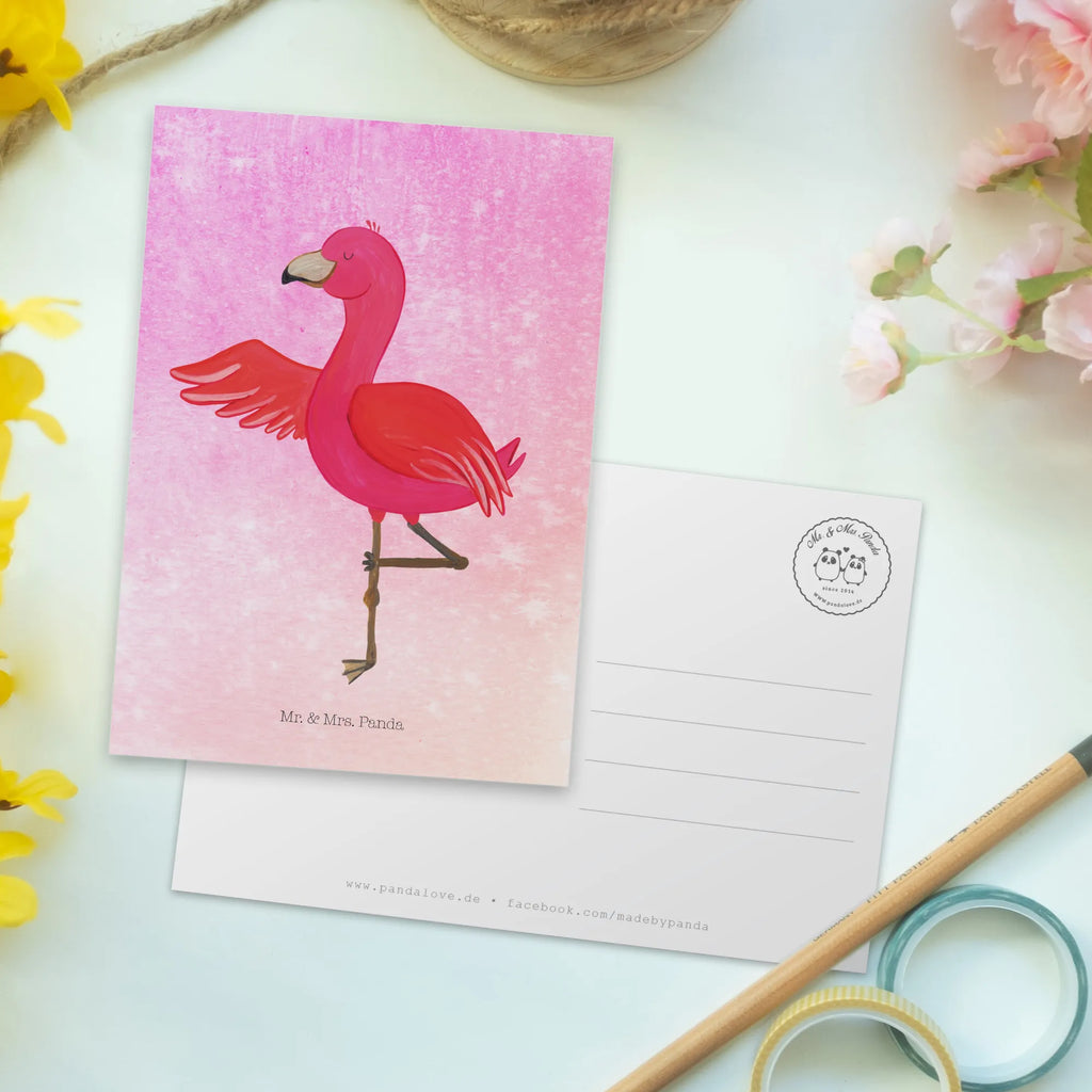 Postkarte Flamingo Yoga einzelkarte, Fotokarte, Postkarten, Kunstkarten, Designkarte, Postkarte, spruchkarte, Grußkarte, Motivkarte, bildkarte, Ansichtskarten, kunstkarte, Ansichtskarte, Flamingo, Aufregen, Yoga-Übung, Namaste, Vogel, Ärger, Achtsamkeit, Tiefenentspannung, Entspannung, Yoga