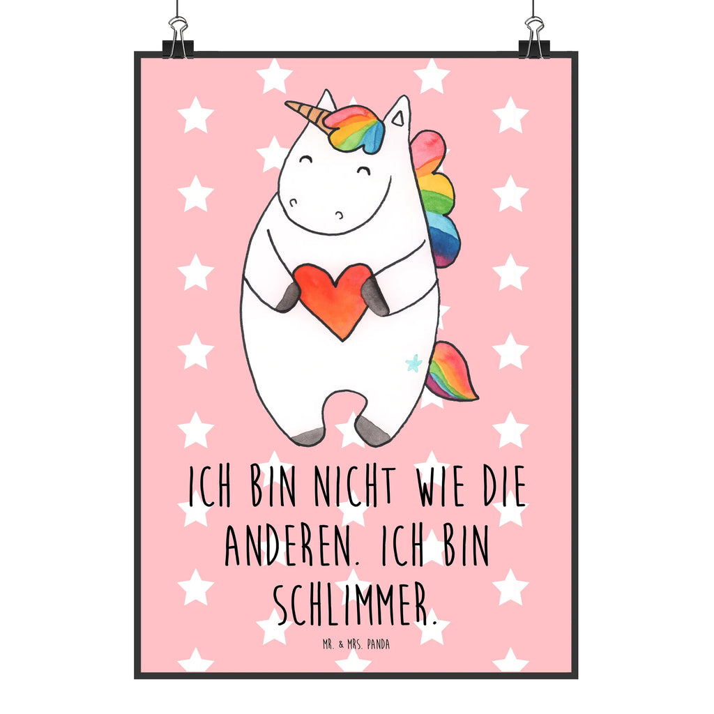 Poster unicorn Heart Poster, Wanddeko Bild, Küchenposter, Posterdruck, Raumdekoration, Mr. & Mrs. Panda Poster, Kinderposter, Wanddekoration, Wanddeko, Wandposter, Kunstdruck, Bild, Handgemaltes Poster, Designposter, Einhorn, Einhörner, Einhorn Deko, Unicorn, schlimm, witzig, böse, bunt, anders, Herz, lustig, Freundin