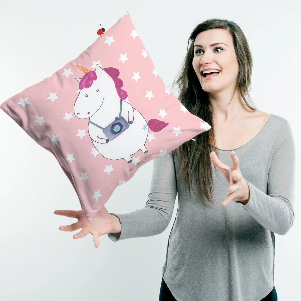Cushion unicorn photographer 40 x 40, couch, Pillow, fluffy, pillows, bedroom, 40x40, bed, sofa, settee, soft, pad, cushion, pillow case, unicorn, unicorns, Photography, Traveler gift, Holiday, Camera, Unicorn, Photographer gift, Tourist, Traveling, Photographer