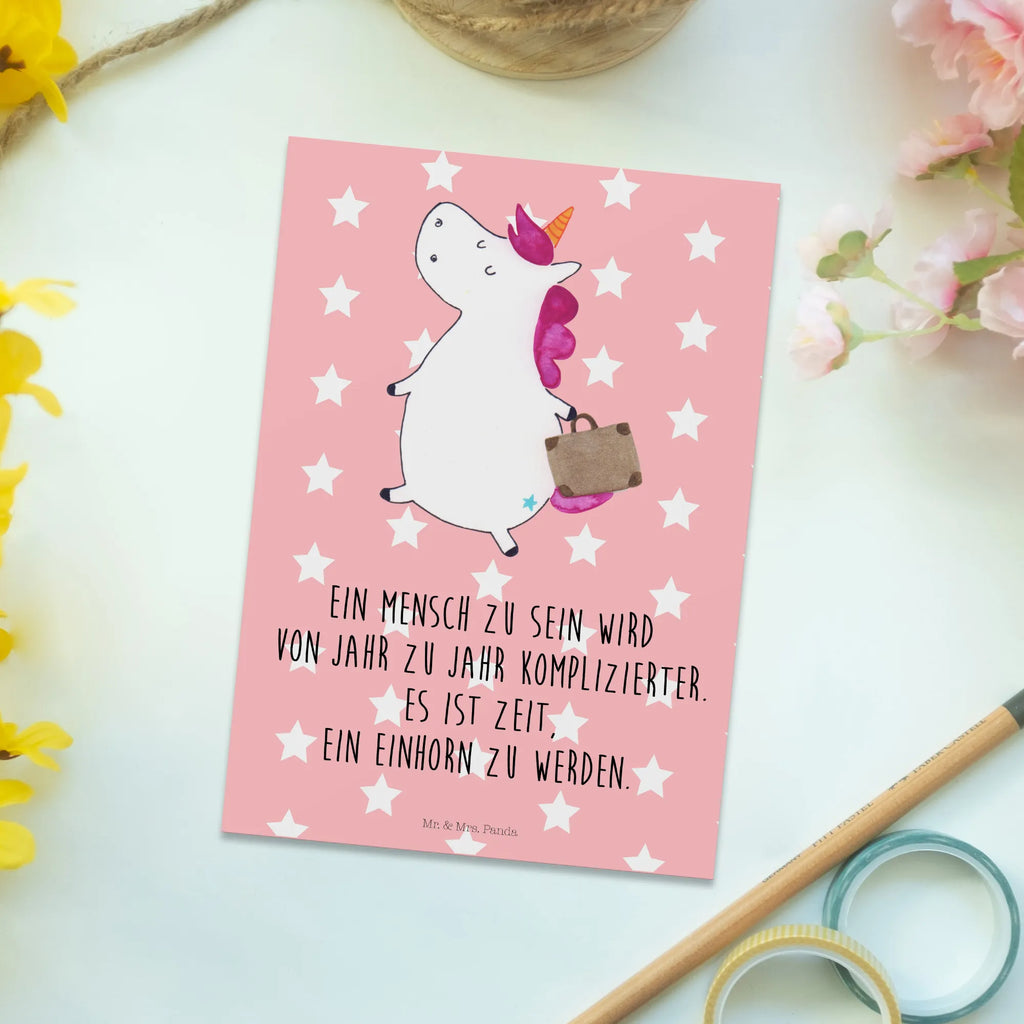 Postcard unicorn Suitcase Designkarte, Postkarte, Postkarten, Motivkarte, Ansichtskarte, bildkarte, spruchkarte, kunstkarte, Kunstkarten, Grußkarte, Ansichtskarten, Fotokarte, einzelkarte, Unicorn, Einhorn, Einhörner, Einhorn Deko, Verreisen, Gepäck, Albern, Kind, Witzig, Spaß, Erwachsen, Koffer, Abenteuer, Lustig, Reise
