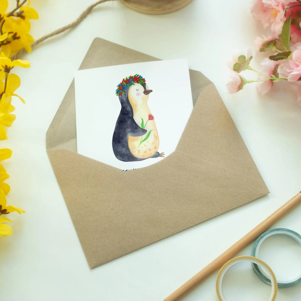 Kartka okolicznościowa pingwin kwiaty Pinguin