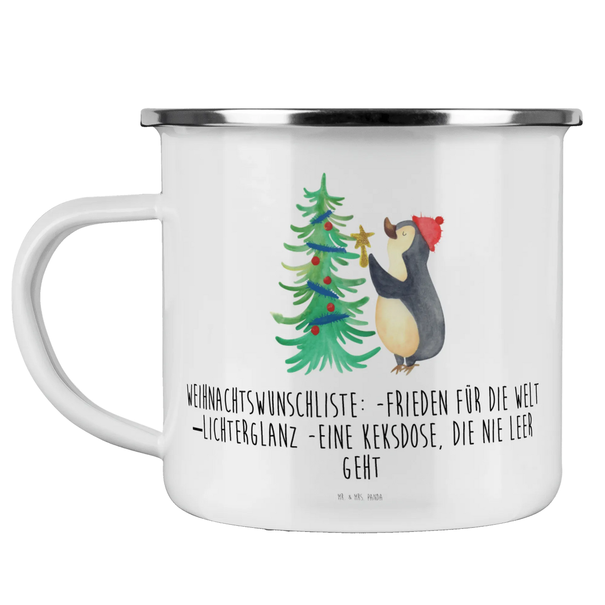 Enamel camping mug penguin Christmas tree Christmas time, snow