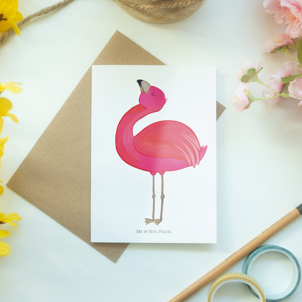 Grußkarte Flamingo stolz Grußkarte, Klappkarte, Einladungskarte, Glückwunschkarte, Hochzeitskarte, Geburtstagskarte, Karte, Flamingo, stolz, Freude, Selbstliebe, Selbstakzeptanz, Freundin, beste Freundin, Tochter, Mama, Schwester