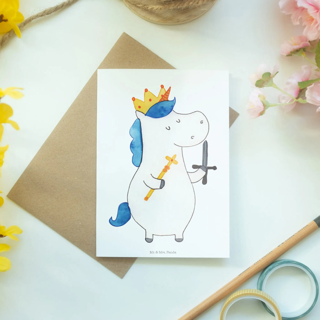 Kartka okolicznościowa jednorożec Król z mieczem Beileidskarte, neujahrskarte, abiturkarte, kommunionskarte, osterkarten, genesungskarte, babykarte, spruchkarte, Glückwunschkarte, dankeskarten, einladungskarten, glückwunschkarten, osterkarte, valentinstagskarte, Motivkarte, vatertagskarte, jubiläumskarte, hochzeitskarten, Grußkarten, Grußkarte, firmungskarte, Klappkarte, weihnachtskarten, Einhorn, Unicorn, Einhörner, Einhorn Deko, König, Mittelalter, Ritter