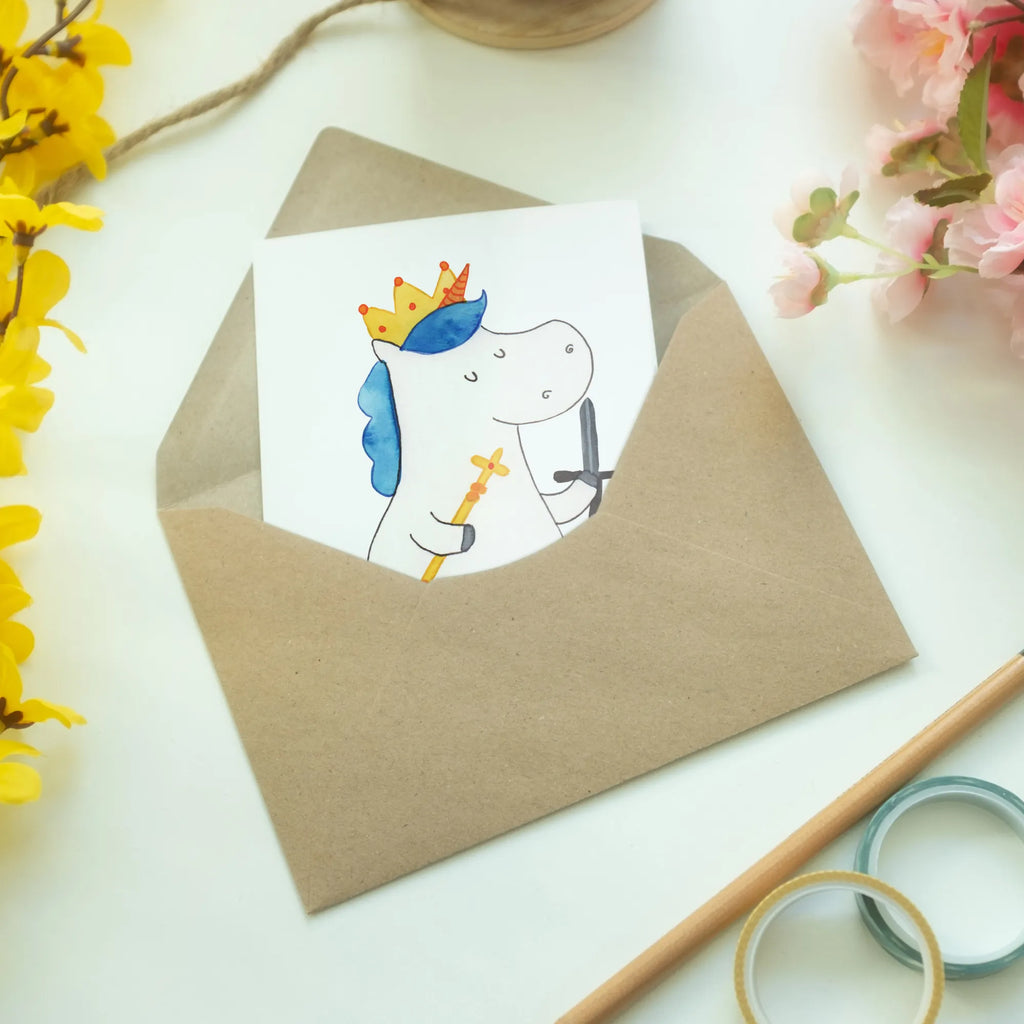Kartka okolicznościowa jednorożec Król z mieczem Beileidskarte, neujahrskarte, abiturkarte, kommunionskarte, osterkarten, genesungskarte, babykarte, spruchkarte, Glückwunschkarte, dankeskarten, einladungskarten, glückwunschkarten, osterkarte, valentinstagskarte, Motivkarte, vatertagskarte, jubiläumskarte, hochzeitskarten, Grußkarten, Grußkarte, firmungskarte, Klappkarte, weihnachtskarten, Einhorn, Unicorn, Einhörner, Einhorn Deko, König, Mittelalter, Ritter