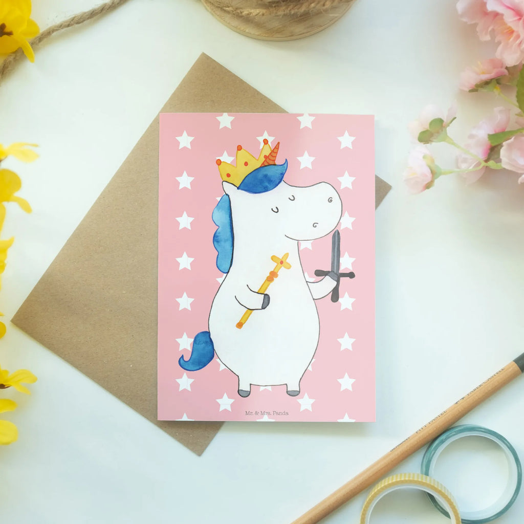 Kartka okolicznościowa jednorożec Król z mieczem Beileidskarte, neujahrskarte, abiturkarte, kommunionskarte, osterkarten, genesungskarte, babykarte, spruchkarte, Glückwunschkarte, dankeskarten, einladungskarten, glückwunschkarten, osterkarte, valentinstagskarte, Motivkarte, vatertagskarte, jubiläumskarte, hochzeitskarten, Grußkarten, Grußkarte, firmungskarte, Klappkarte, weihnachtskarten, Einhorn, Unicorn, Einhörner, Einhorn Deko, König, Mittelalter, Ritter