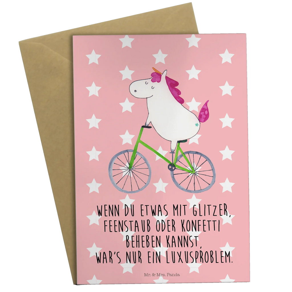 Grußkarte Einhorn Radfahrer Klappkarte, Geburtstagskarte, Glückwunschkarte, Ansichtskarten, Hochzeitskarte, Karte, Grußkarte, Einladungskarte, Einhorn, Einhörner, Einhorn Deko, Unicorn, Konfetti, Luxusproblem, Radfahrer, Liebeskummer, Bike, Rad, Feenstaub, Kummer, Radfahren