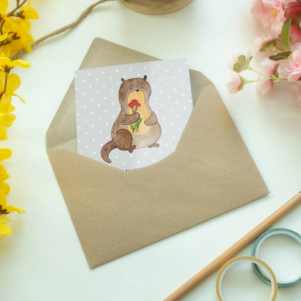 Greetings card otter Bunch of flowers abiturkarte, weihnachtskarten, Grußkarte, firmungskarte, valentinstagskarte, einladungskarten, kommunionskarte, Klappkarte, hochzeitskarten, vatertagskarte, Grußkarten, glückwunschkarten, jubiläumskarte, genesungskarte, osterkarte, spruchkarte, osterkarten, neujahrskarte, Glückwunschkarte, babykarte, dankeskarten, Motivkarte, Beileidskarte, Otter, Fischotter, Seeotter, Otter Seeotter See Otter