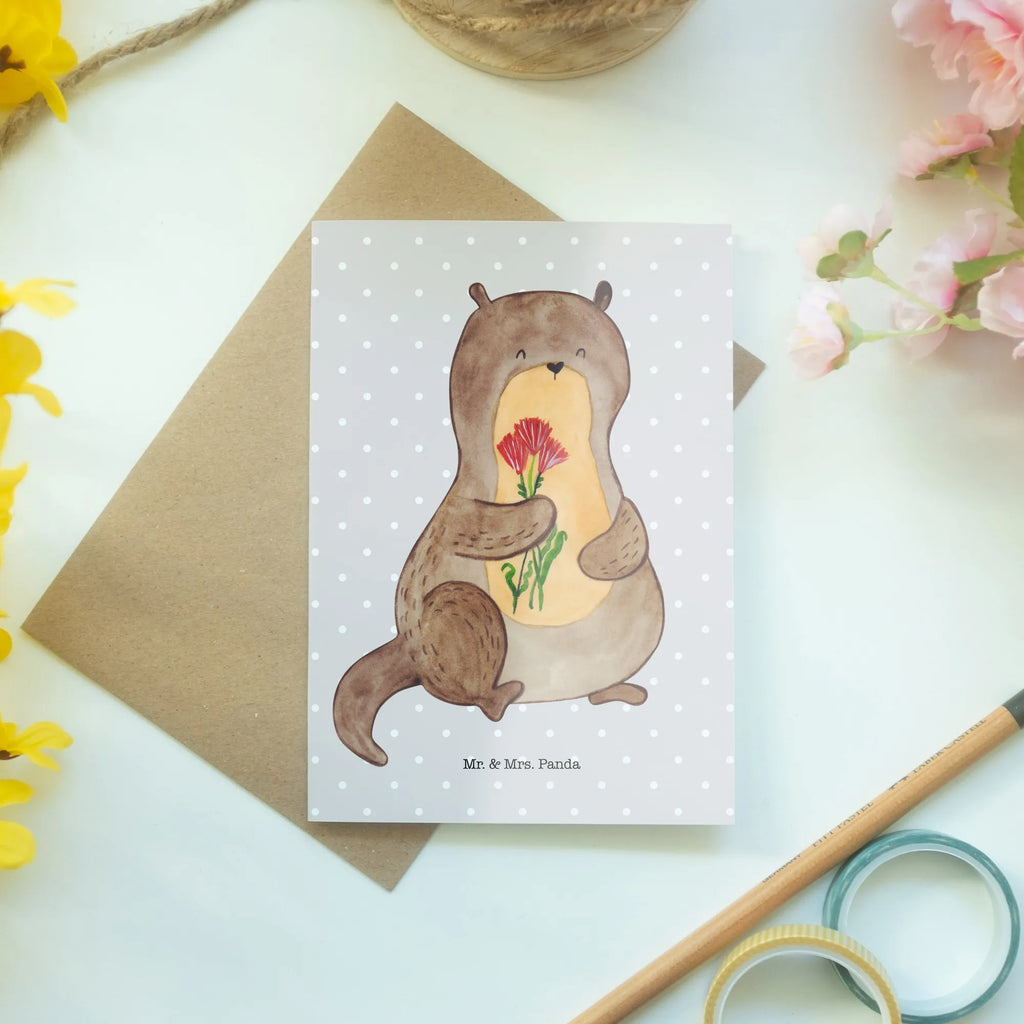 Greetings card otter Bunch of flowers abiturkarte, weihnachtskarten, Grußkarte, firmungskarte, valentinstagskarte, einladungskarten, kommunionskarte, Klappkarte, hochzeitskarten, vatertagskarte, Grußkarten, glückwunschkarten, jubiläumskarte, genesungskarte, osterkarte, spruchkarte, osterkarten, neujahrskarte, Glückwunschkarte, babykarte, dankeskarten, Motivkarte, Beileidskarte, Otter, Fischotter, Seeotter, Otter Seeotter See Otter