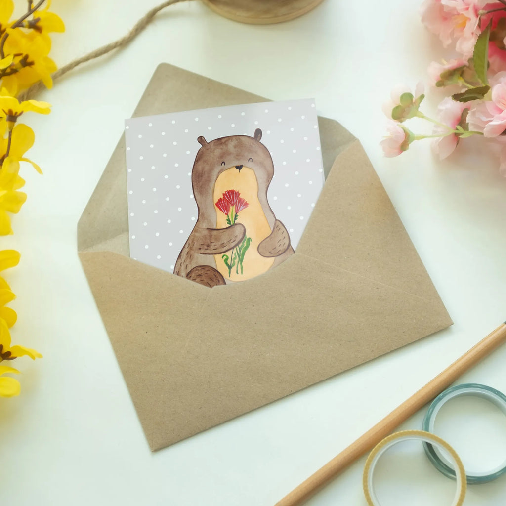 Greetings card otter Bunch of flowers abiturkarte, weihnachtskarten, Grußkarte, firmungskarte, valentinstagskarte, einladungskarten, kommunionskarte, Klappkarte, hochzeitskarten, vatertagskarte, Grußkarten, glückwunschkarten, jubiläumskarte, genesungskarte, osterkarte, spruchkarte, osterkarten, neujahrskarte, Glückwunschkarte, babykarte, dankeskarten, Motivkarte, Beileidskarte, Otter, Fischotter, Seeotter, Otter Seeotter See Otter