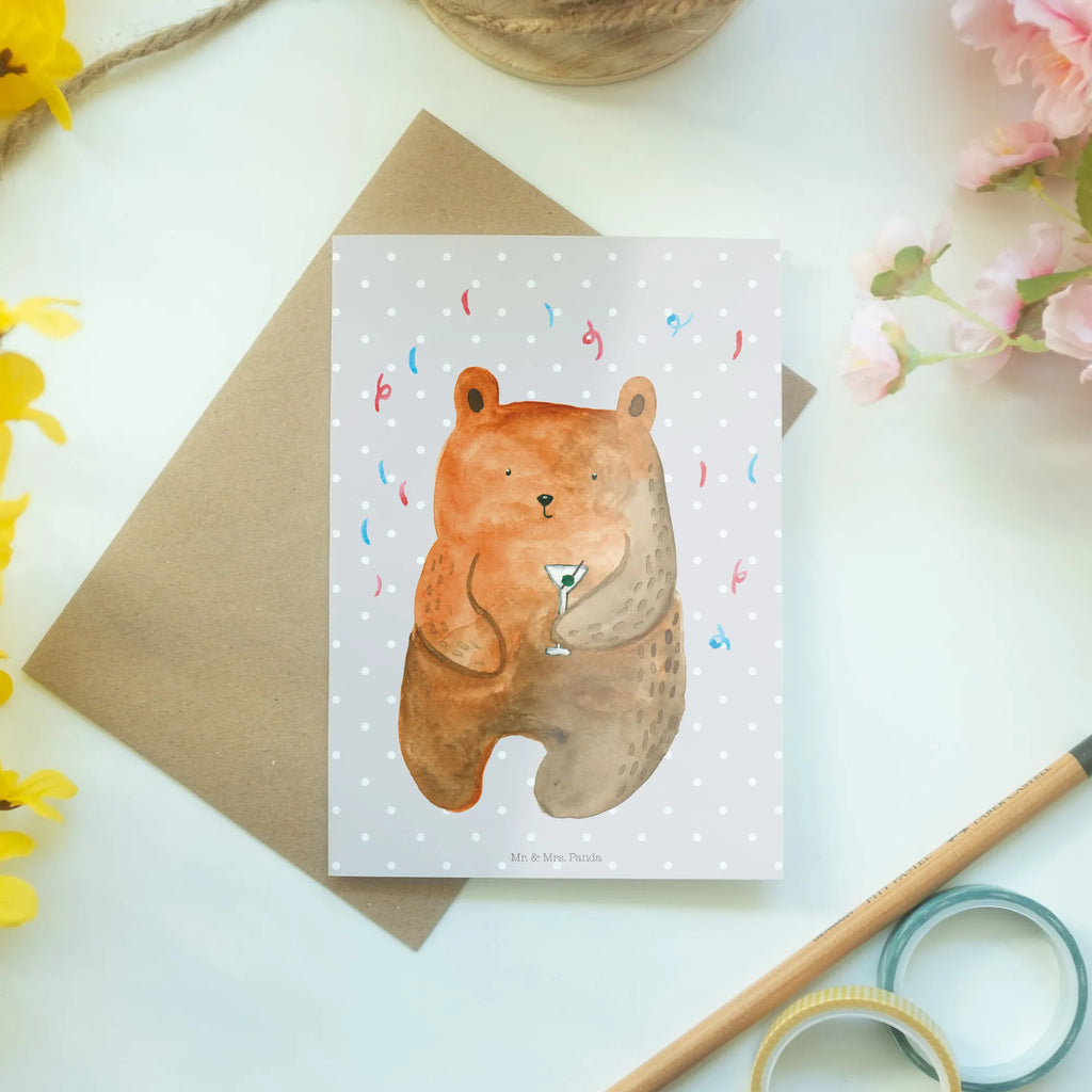 Greetings card bear party greeting card, birthday card, folding card, invitation card, wedding card, bear, teddy, teddy bear, cuddly toy, Partying, Birthday, Good mood, Present, Funny, Celebrate, Birthday present, Party, Bring a present
