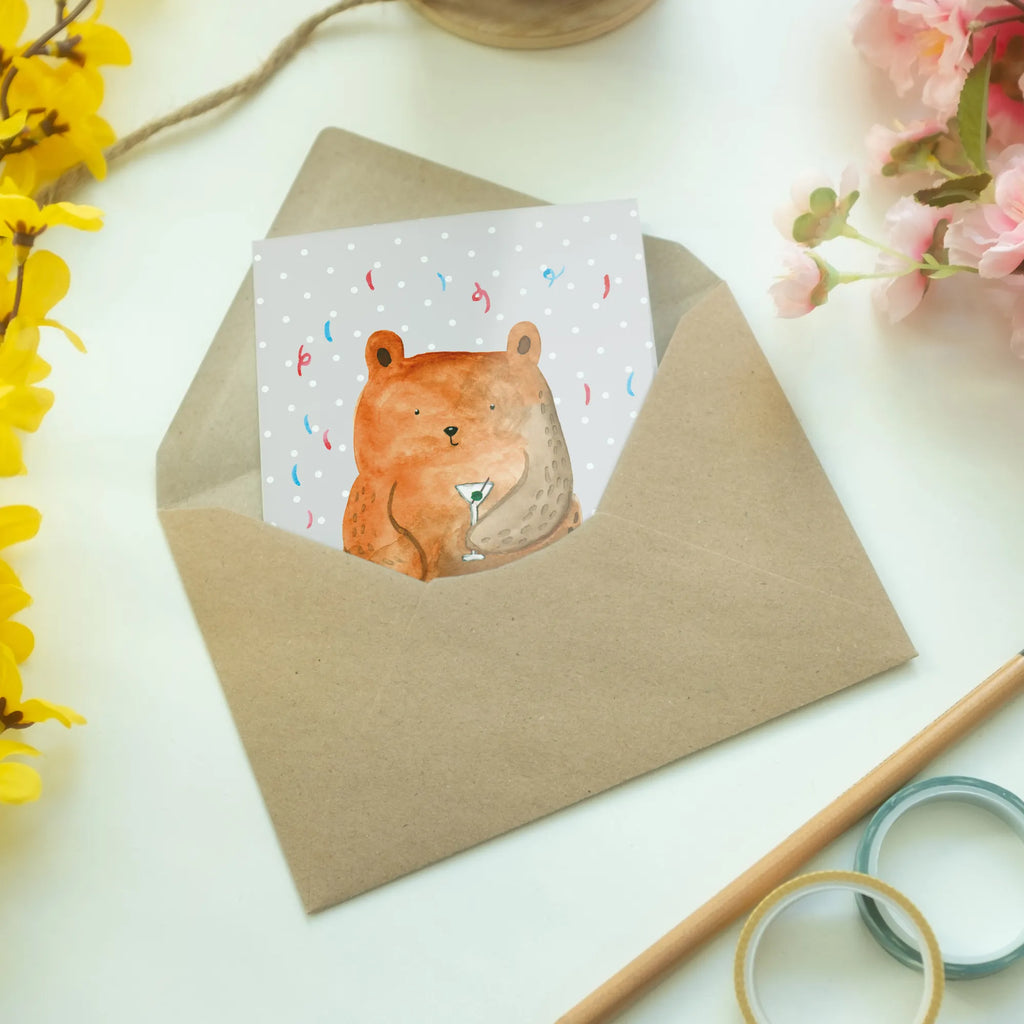Greetings card bear party greeting card, birthday card, folding card, invitation card, wedding card, bear, teddy, teddy bear, cuddly toy, Partying, Birthday, Good mood, Present, Funny, Celebrate, Birthday present, Party, Bring a present