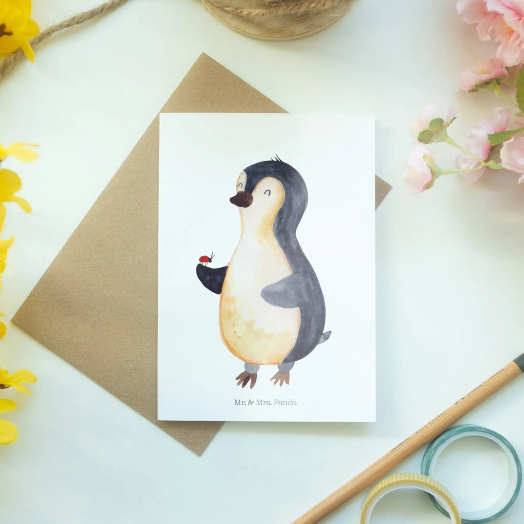 Greetings card Penguin ladybug Glückwunschkarte, Grußkarte, Klappkarte, Karte, Geburtstagskarte, Hochzeitskarte, Einladungskarte, Ansichtskarten, Pinguin, Liebe, Pinguine, Freude, Glück, Wunder, Marienkäfer, Lebensfreude
