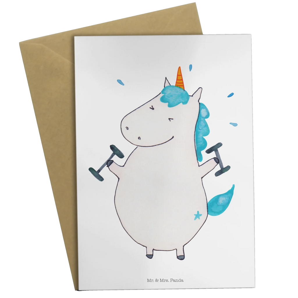 Grußkarte Einhorn Fitness Klappkarte, Geburtstagskarte, Karte, Grußkarte, Glückwunschkarte, Ansichtskarten, Einladungskarte, Hochzeitskarte, Einhorn, Einhörner, Einhorn Deko, Unicorn, Fitness, Fitnessstudio, Geräte, Abnehmen, Sport, Pumpen, Sixpack, Gym, Diät