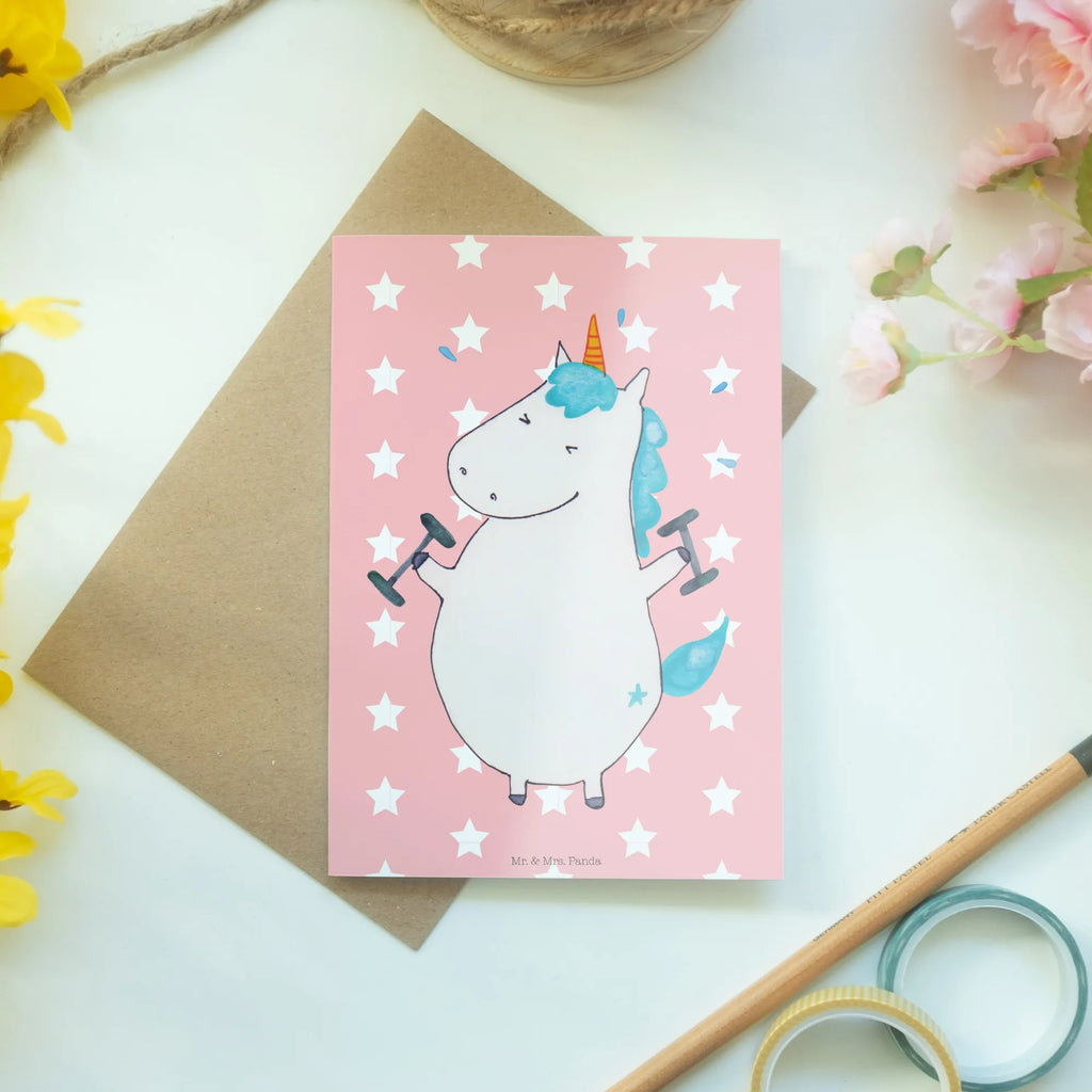 Grußkarte Einhorn Fitness Klappkarte, Geburtstagskarte, Karte, Grußkarte, Glückwunschkarte, Ansichtskarten, Einladungskarte, Hochzeitskarte, Einhorn, Einhörner, Einhorn Deko, Unicorn, Fitness, Fitnessstudio, Geräte, Abnehmen, Sport, Pumpen, Sixpack, Gym, Diät