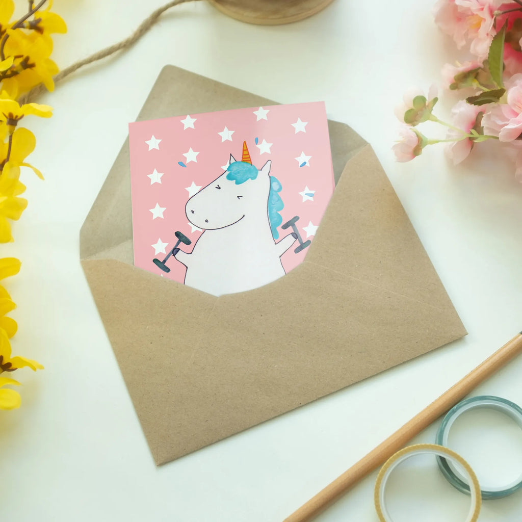 Grußkarte Einhorn Fitness Klappkarte, Geburtstagskarte, Karte, Grußkarte, Glückwunschkarte, Ansichtskarten, Einladungskarte, Hochzeitskarte, Einhorn, Einhörner, Einhorn Deko, Unicorn, Fitness, Fitnessstudio, Geräte, Abnehmen, Sport, Pumpen, Sixpack, Gym, Diät