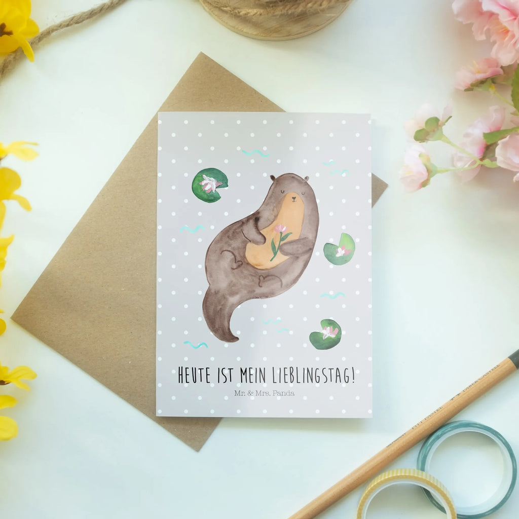 Grußkarte Otter mit Seerose Ansichtskarten, Einladungskarte, Grußkarte, Klappkarte, Karte, Geburtstagskarte, Glückwunschkarte, Hochzeitskarte, Otter, Fischotter, Seeotter, Otter Seeotter See Otter