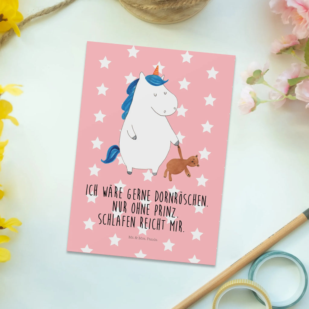Postcard unicorn teddy letter, postcards, card, gift card, invitation card, gift, Postcard, invitation, paper, unicorn, unicorns, single, good night, child present, girlfriend, sleep, child gift, dreaming, bed, Unicorn, sweet, single life