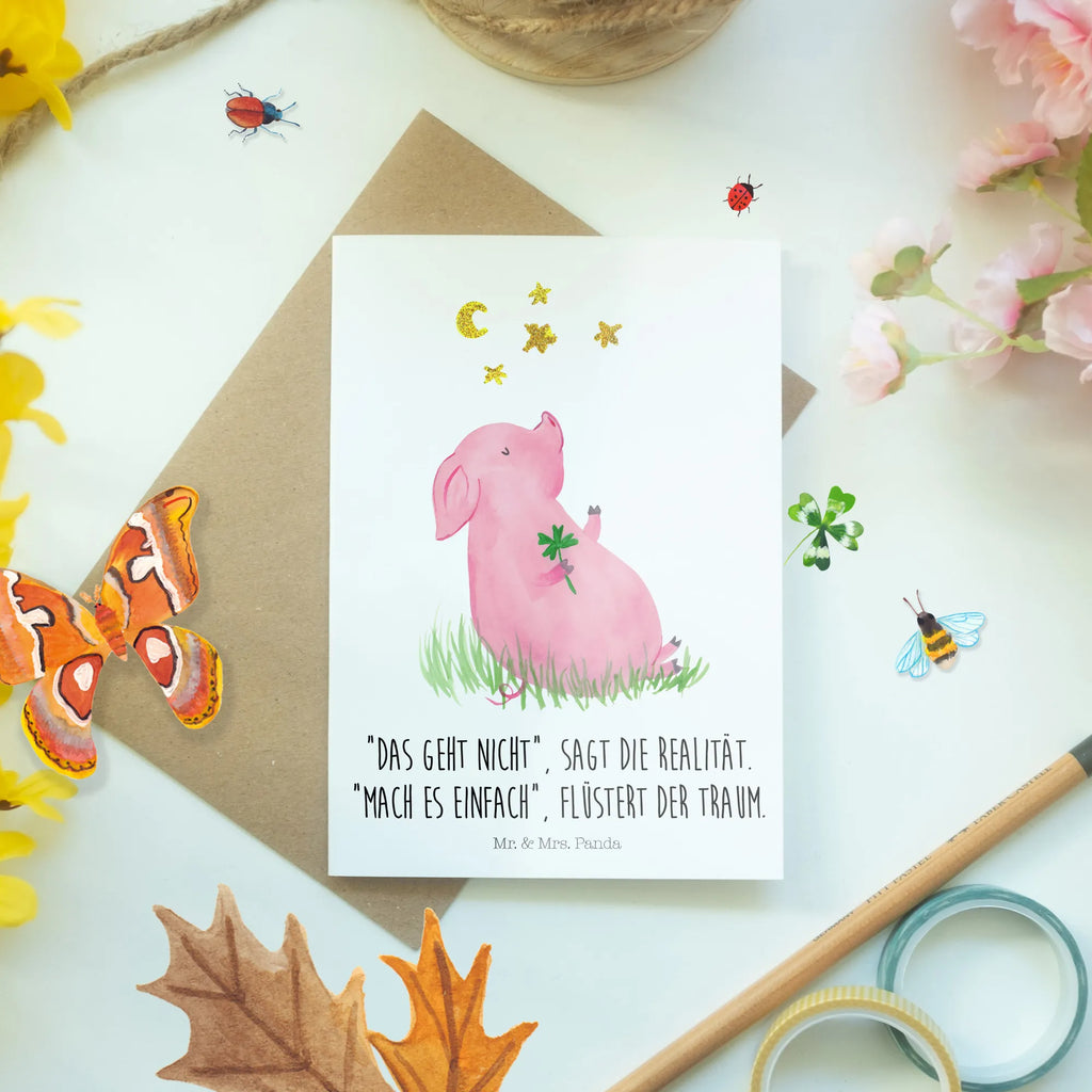 Grußkarte Glücksschwein Ansichtskarten, Geburtstagskarte, Hochzeitskarte, Glückwunschkarte, Grußkarte, Karte, Klappkarte, Einladungskarte, Tiermotive, Gute Laune, lustige Sprüche, Tiere, Träume, Sterne, Glücksbringer, Ziele, Sernchen, Glücksschwein. Glück, Motivation, Schwein, Schweinchen