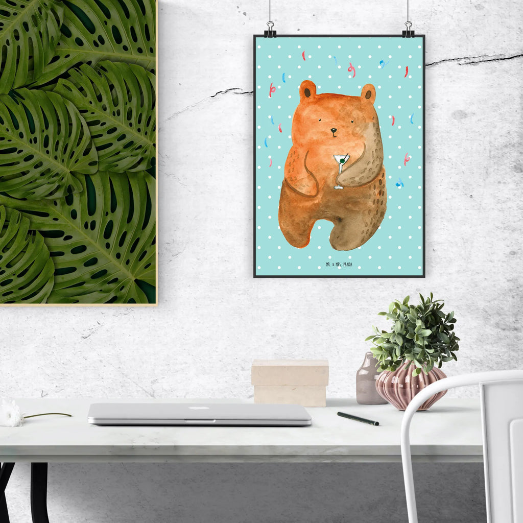 Poster Bär Party Handgemaltes Poster, Küchenposter, Wanddeko Bild, Poster, Bild, Posterdruck, Kinderposter, Raumdekoration, Wanddeko, Designposter, Wandposter, Wanddekoration, Mr. & Mrs. Panda Poster, Kunstdruck, Bär, Teddy, Teddybär, Lustig, Party, Geschenk, Geburtstagsgeschenk, Feiern, Geburtstag, Abfeiern, Mitbringsel, Gute Laune