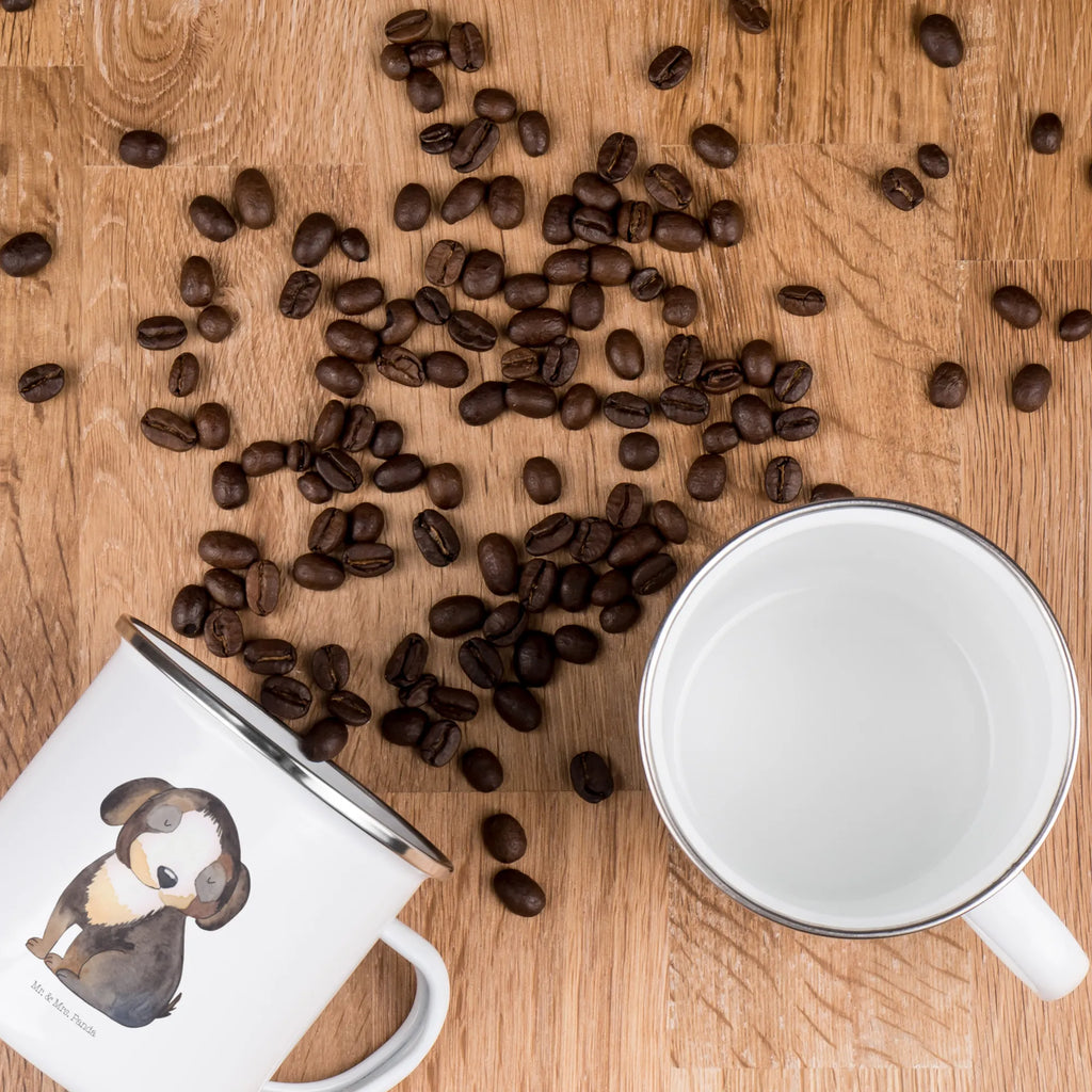 Kempingowy kubek emaliowany pies relaks Pies, motyw psa, zwierzę domowe, rasa psa, miłośnik zwierząt, właściciel psa, powiedzenia