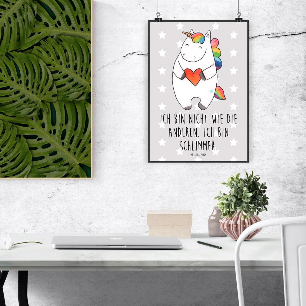 Poster unicorn Heart Poster, Wanddeko Bild, Küchenposter, Posterdruck, Raumdekoration, Mr. & Mrs. Panda Poster, Kinderposter, Wanddekoration, Wanddeko, Wandposter, Kunstdruck, Bild, Handgemaltes Poster, Designposter, Einhorn, Einhörner, Einhorn Deko, Unicorn, schlimm, witzig, böse, bunt, anders, Herz, lustig, Freundin