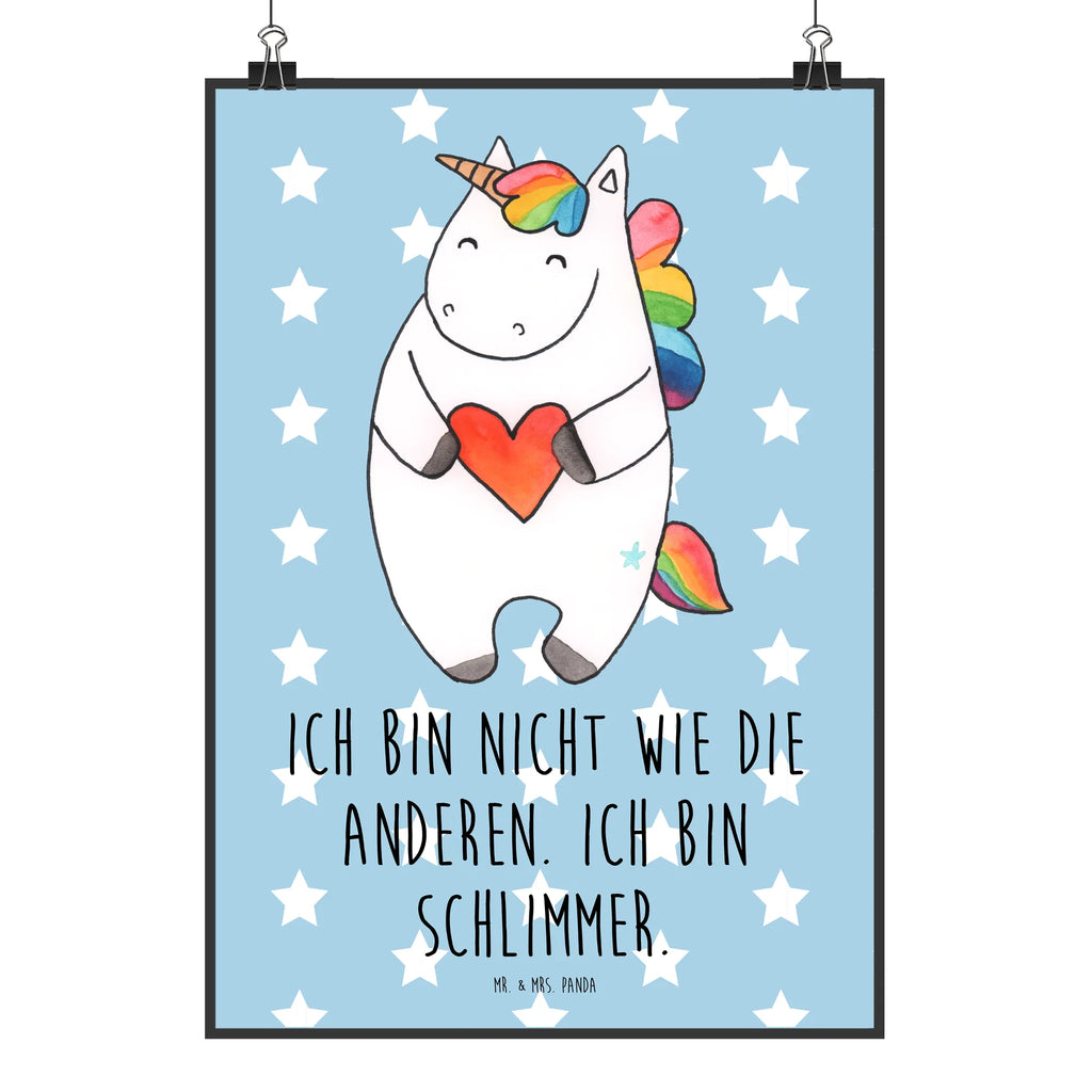 Poster unicorn Heart Poster, Wanddeko Bild, Küchenposter, Posterdruck, Raumdekoration, Mr. & Mrs. Panda Poster, Kinderposter, Wanddekoration, Wanddeko, Wandposter, Kunstdruck, Bild, Handgemaltes Poster, Designposter, Einhorn, Einhörner, Einhorn Deko, Unicorn, schlimm, witzig, böse, bunt, anders, Herz, lustig, Freundin
