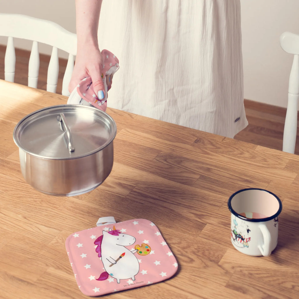 2er Set Topflappen  Einhorn Künstler Topflappen, 2er Set Topflappen, topfhalter, Topflappenset, Topfuntersetzer, Topflappen Set, Topfhandschuhe, Topflappen 2er Set, Unicorn, Einhorn, Einhörner, Einhorn Deko, Welt, Pinsel, Geschenk, Künstler, Artist, Malen, Zeichnen, Stift, Englisch, Farbe, Maler